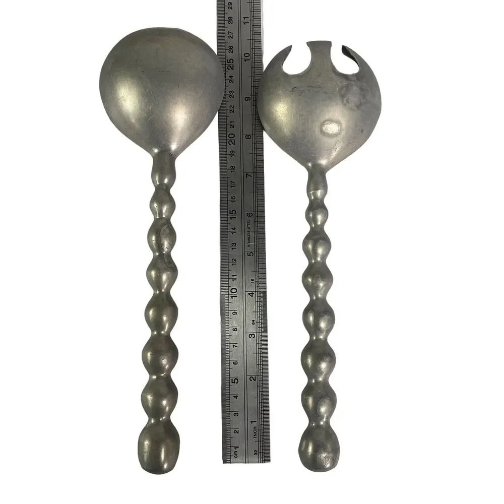 Retro Metal Pewter Salad Servers Serving Utensils Set MCM Rustic Grey Gray